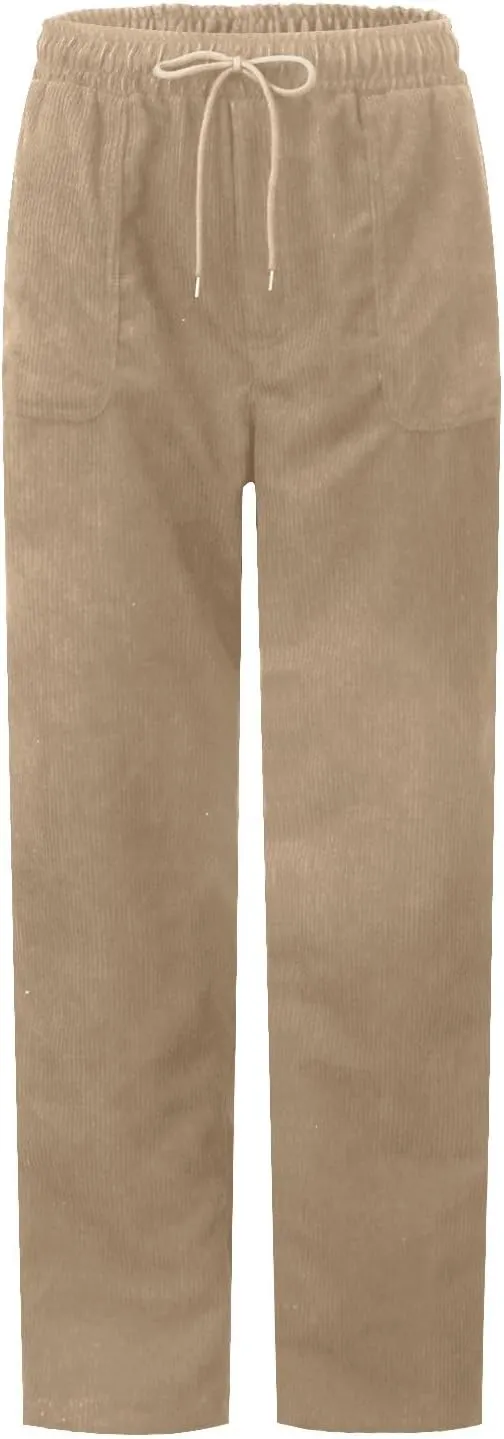 Womens Corduroy Pants Elastic High Waist Straight Leg Pants Casual Comfy Lightweight Cotton Baggy Trousers w/Pockets