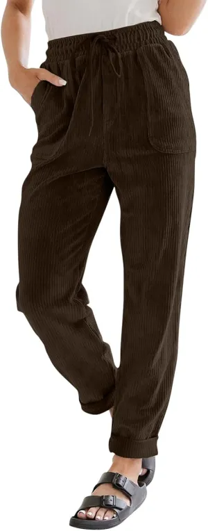 Womens Corduroy Pants Elastic High Waist Straight Leg Pants Casual Comfy Lightweight Cotton Baggy Trousers w/Pockets