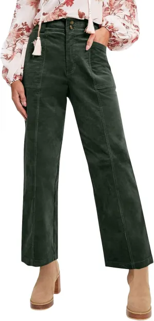 Womens Corduroy Pants Trendy Straight Leg High Waisted Work Pants Trousers Ladies Elastic Waist Pants with Pockets