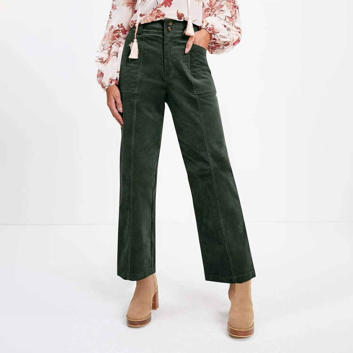 Womens Corduroy Pants Trendy Straight Leg High Waisted Work Pants Trousers Ladies Elastic Waist Pants with Pockets