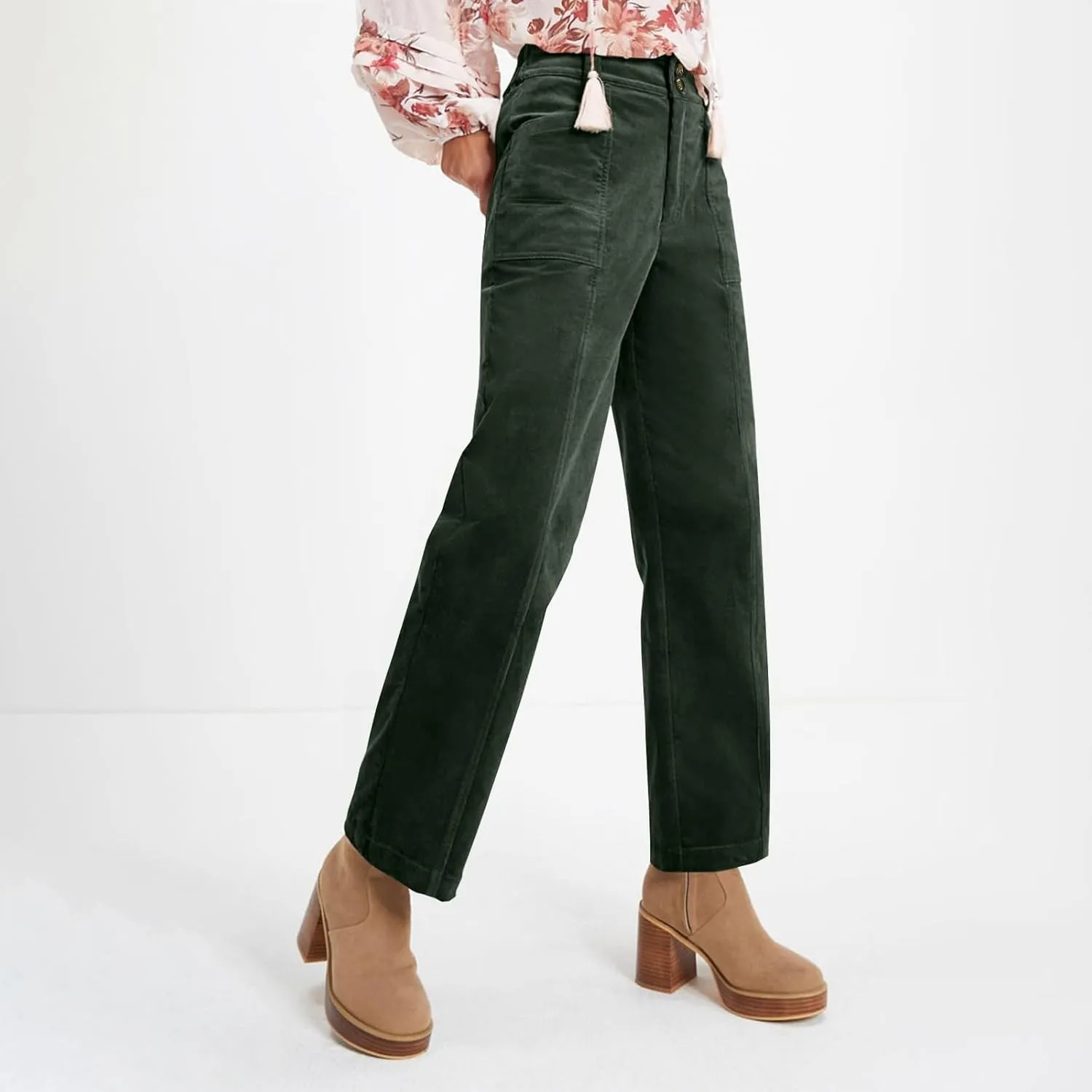 Womens Corduroy Pants Trendy Straight Leg High Waisted Work Pants Trousers Ladies Elastic Waist Pants with Pockets