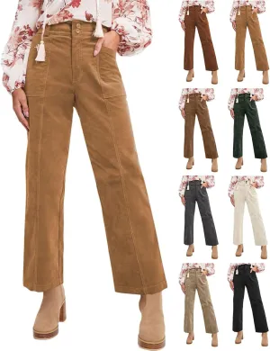 Womens Corduroy Pants Trendy Straight Leg High Waisted Work Pants Trousers Ladies Elastic Waist Pants with Pockets