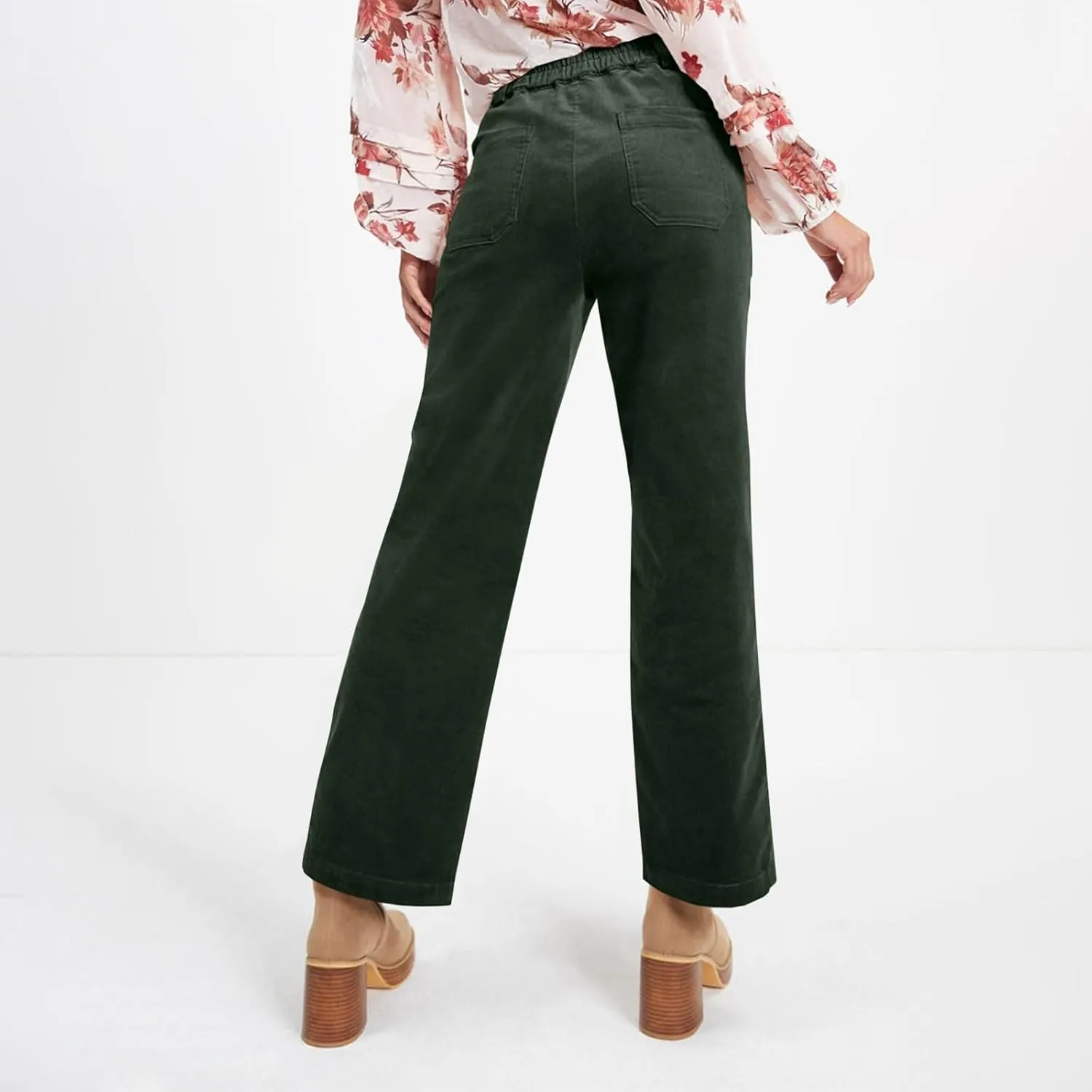 Womens Corduroy Pants Trendy Straight Leg High Waisted Work Pants Trousers Ladies Elastic Waist Pants with Pockets