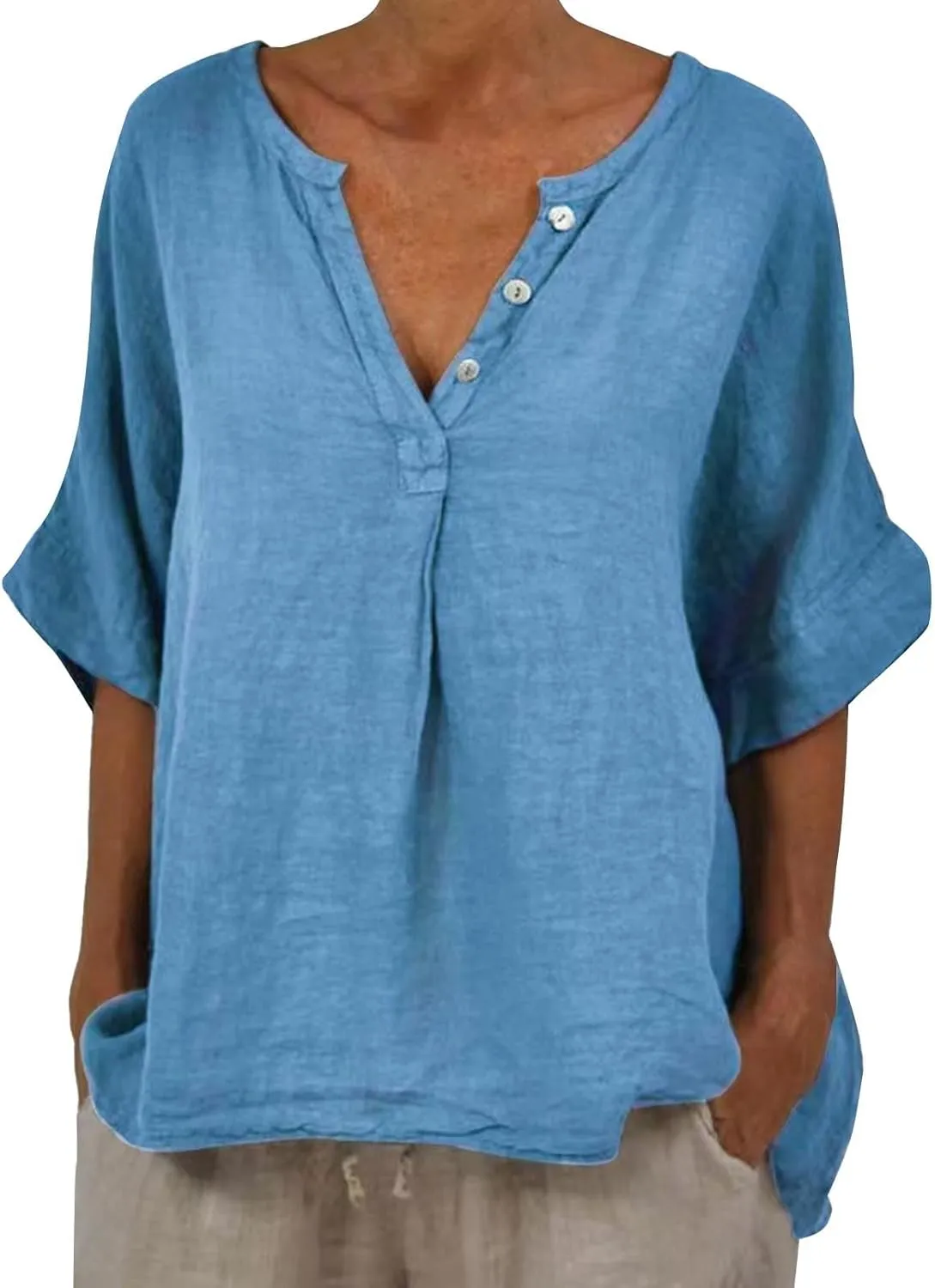 Women's Cotton Linen Shirts 3/4 Sleeve Button V Neck Flowy Tops Casual Loose Fit Solid Breathable Comfy Work Blouses