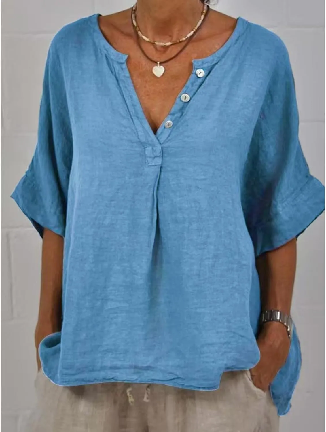 Women's Cotton Linen Shirts 3/4 Sleeve Button V Neck Flowy Tops Casual Loose Fit Solid Breathable Comfy Work Blouses