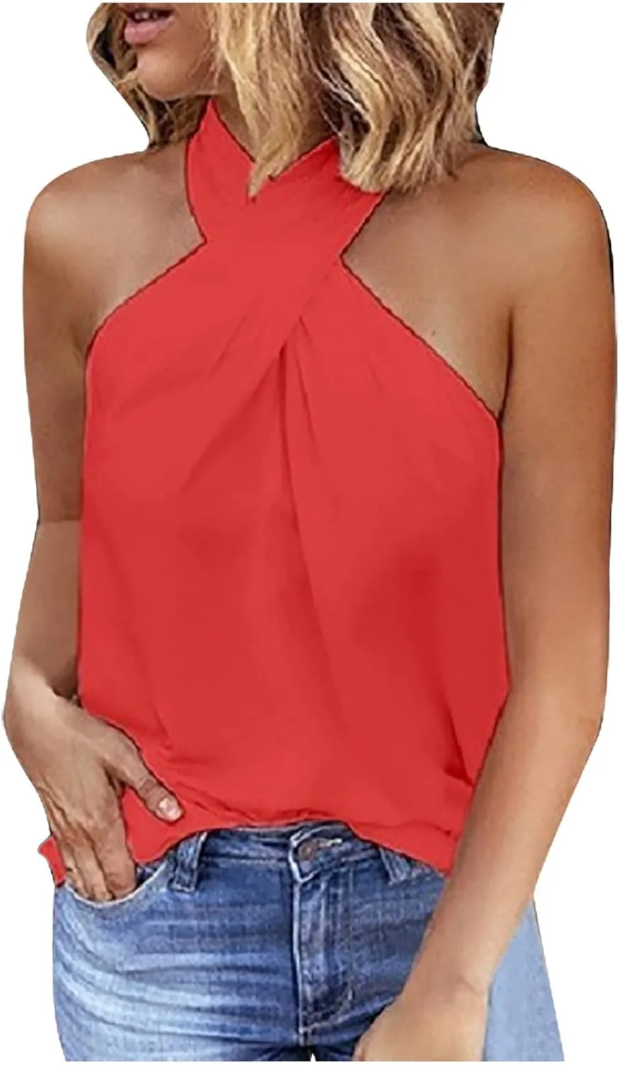 Womens Criss Cross Halter Tops Summer Sleeveless Sexy Casual Lightweight Tank Top Backless Trendy Cami Blouses