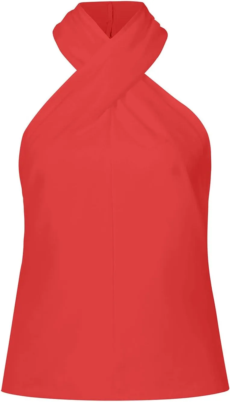 Womens Criss Cross Halter Tops Summer Sleeveless Sexy Casual Lightweight Tank Top Backless Trendy Cami Blouses