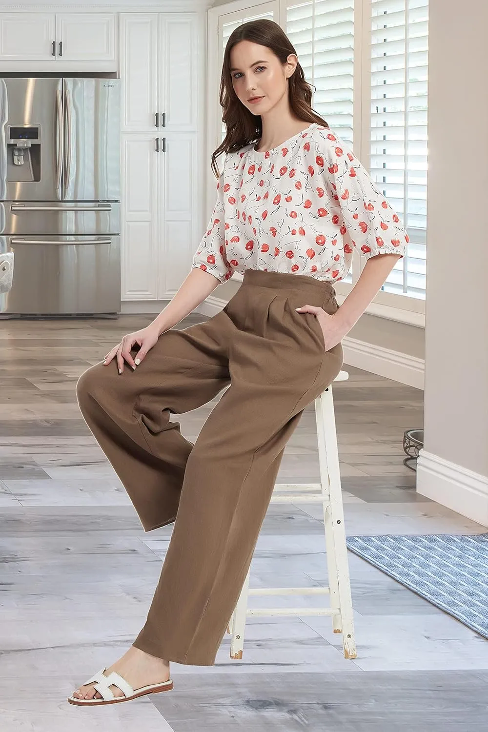 Women's Drape Linen Pants Summer Wide Leg Trousers Compact Fabric with Pockets