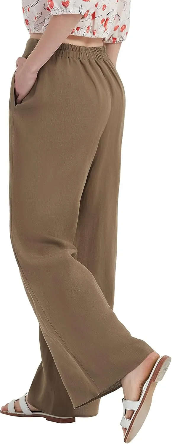 Women's Drape Linen Pants Summer Wide Leg Trousers Compact Fabric with Pockets
