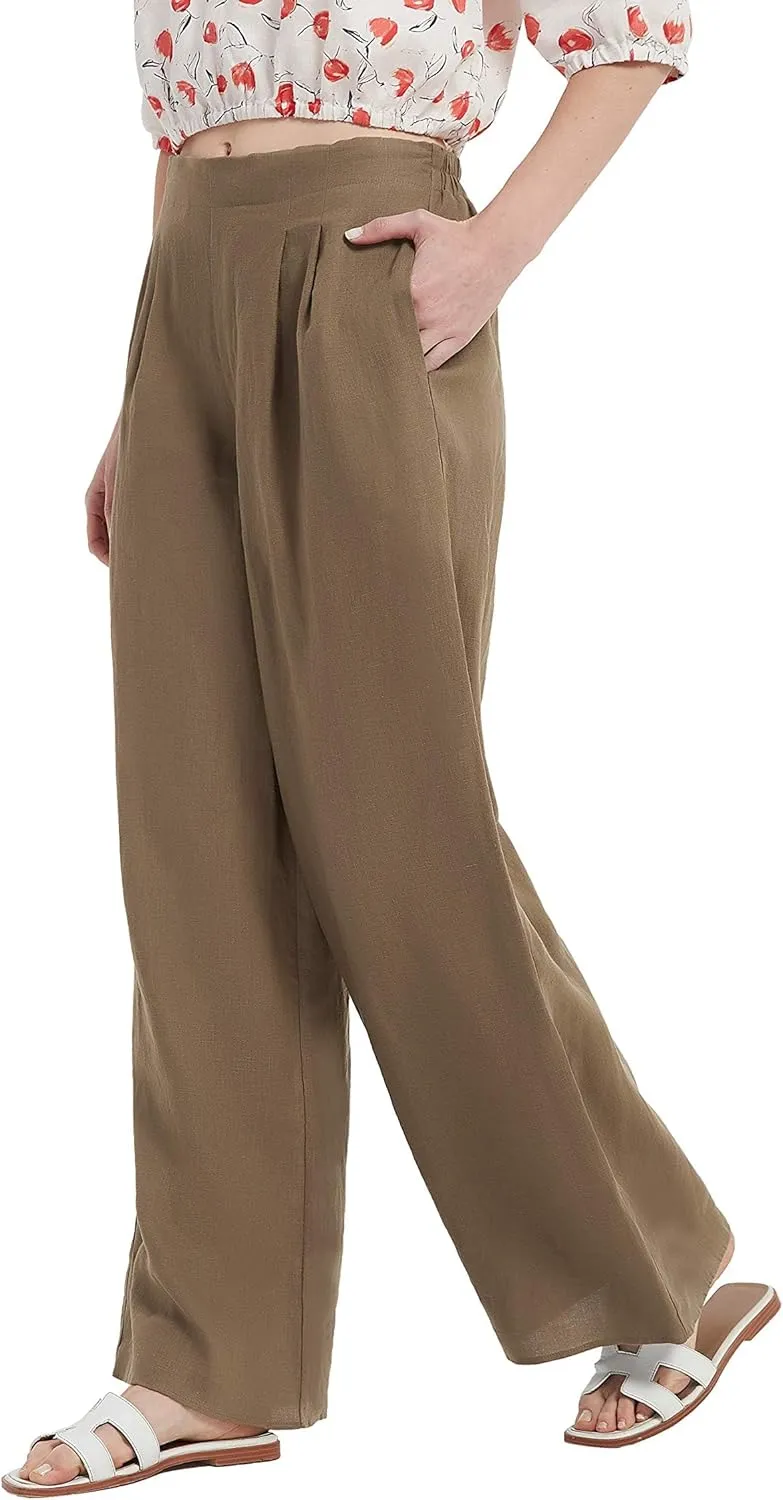 Women's Drape Linen Pants Summer Wide Leg Trousers Compact Fabric with Pockets