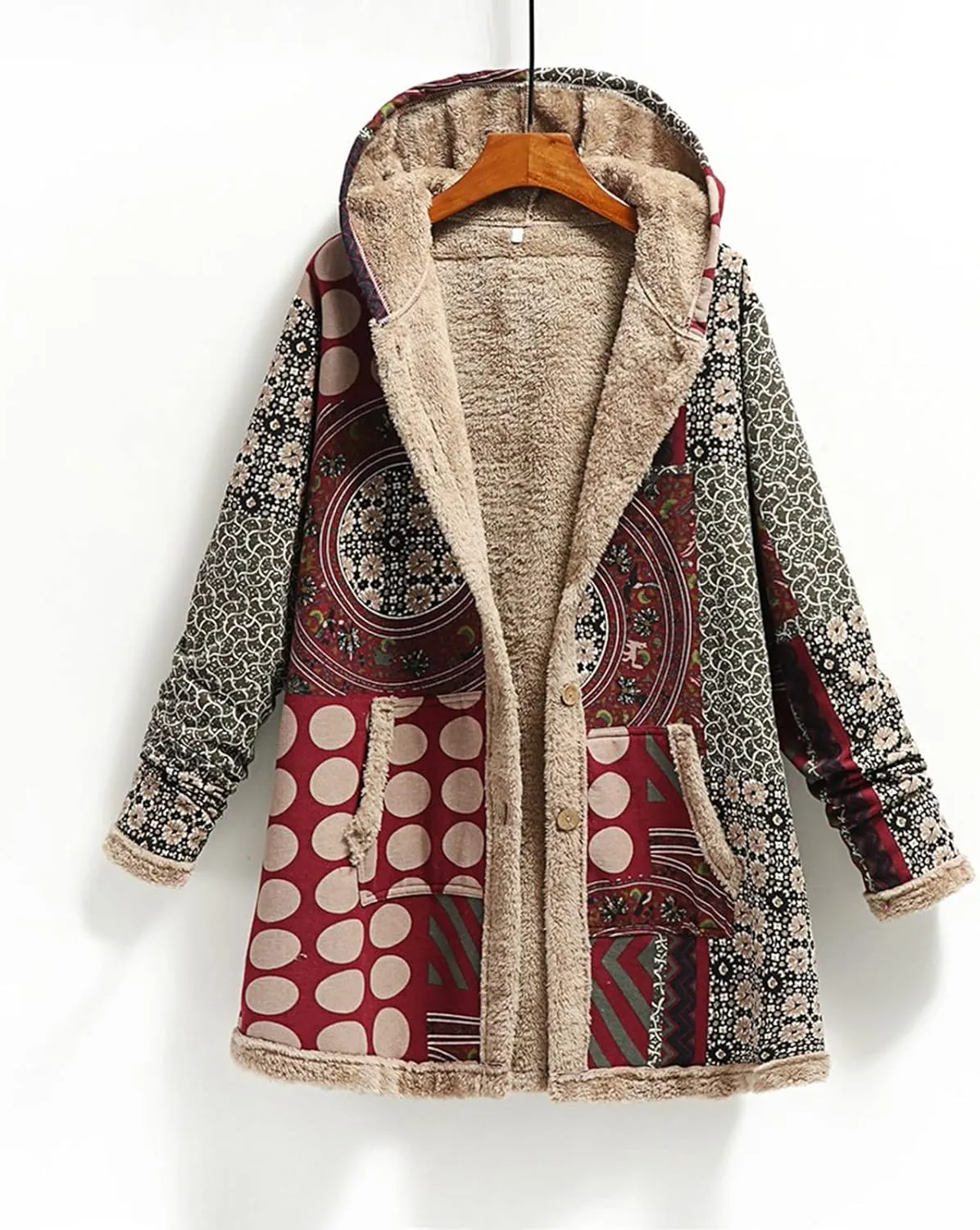 Women's Fleece Lined Hooded Jackets Fall Winter Coats Printing Vintage Parka Jacket Casual Thick Cotton Padded