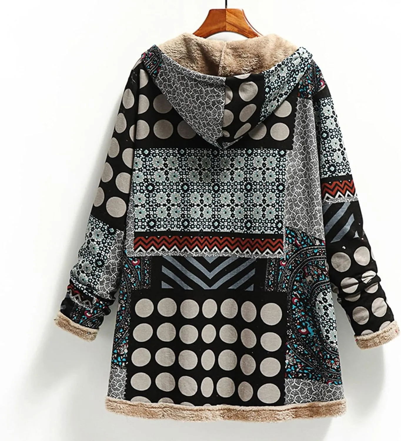 Women's Fleece Lined Hooded Jackets Fall Winter Coats Printing Vintage Parka Jacket Casual Thick Cotton Padded