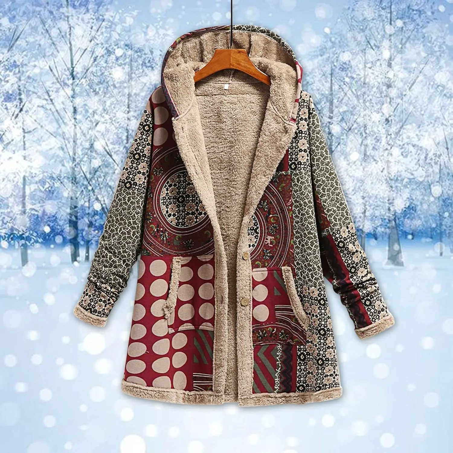 Women's Fleece Lined Hooded Jackets Fall Winter Coats Printing Vintage Parka Jacket Casual Thick Cotton Padded