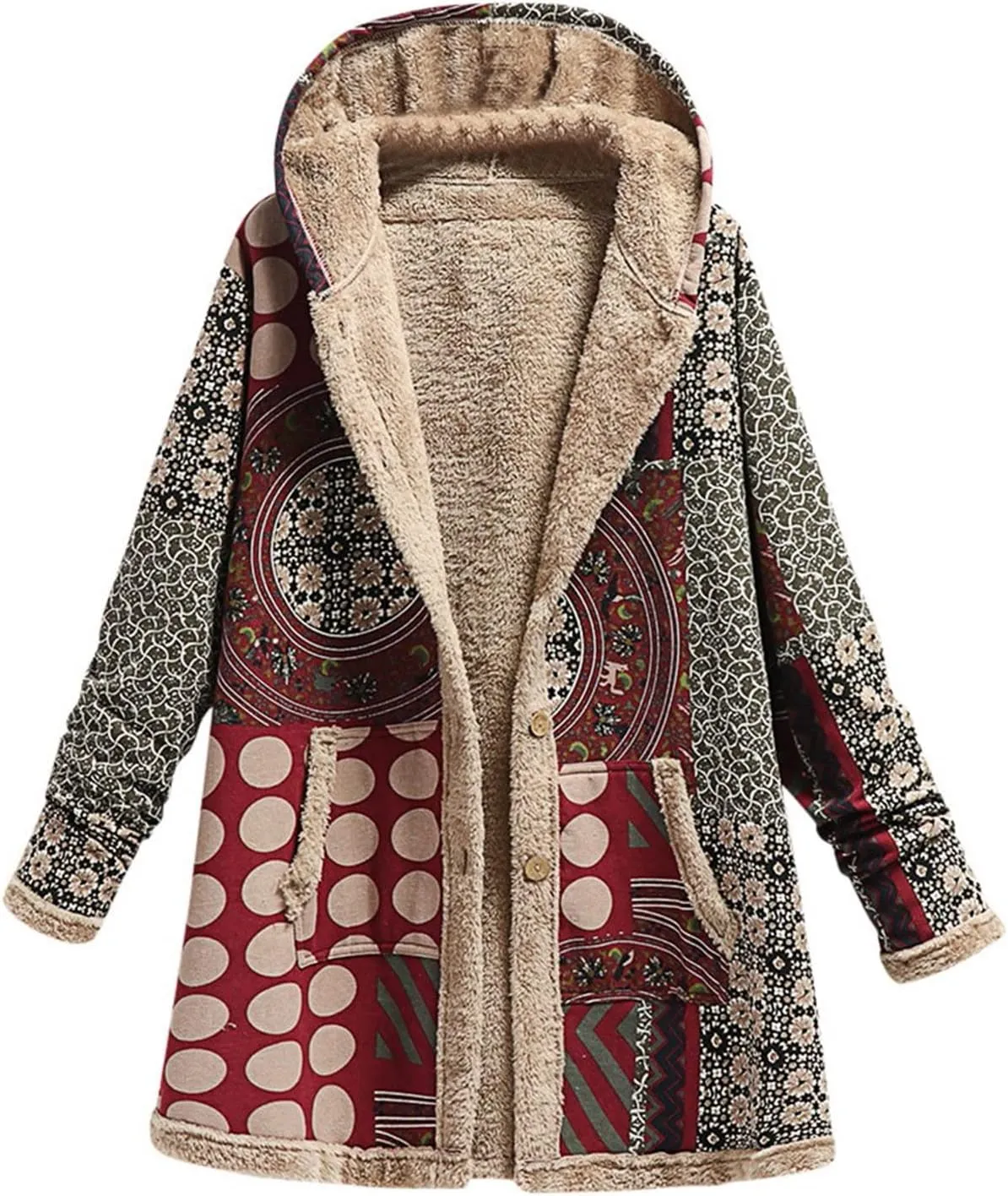Women's Fleece Lined Hooded Jackets Fall Winter Coats Printing Vintage Parka Jacket Casual Thick Cotton Padded