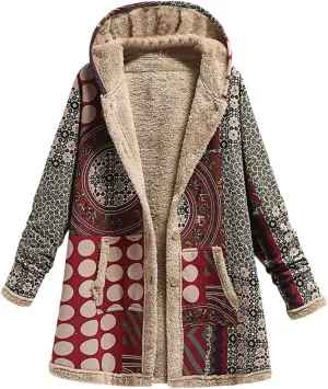 Women's Fleece Lined Hooded Jackets Fall Winter Coats Printing Vintage Parka Jacket Casual Thick Cotton Padded