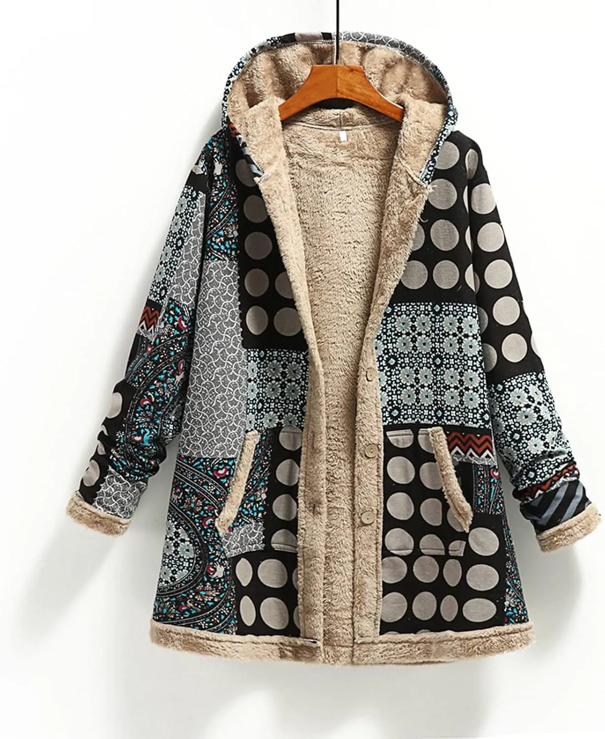 Women's Fleece Lined Hooded Jackets Fall Winter Coats Printing Vintage Parka Jacket Casual Thick Cotton Padded