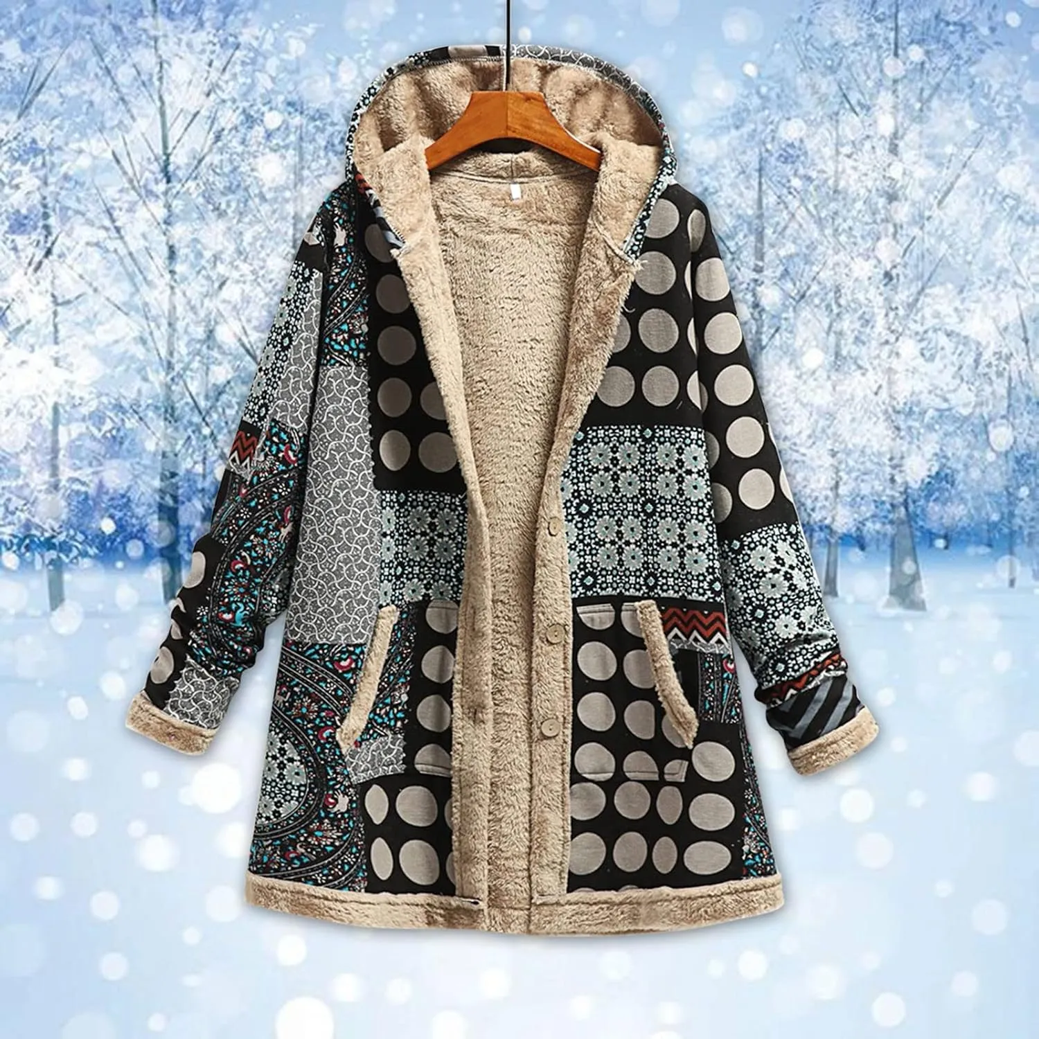 Women's Fleece Lined Hooded Jackets Fall Winter Coats Printing Vintage Parka Jacket Casual Thick Cotton Padded