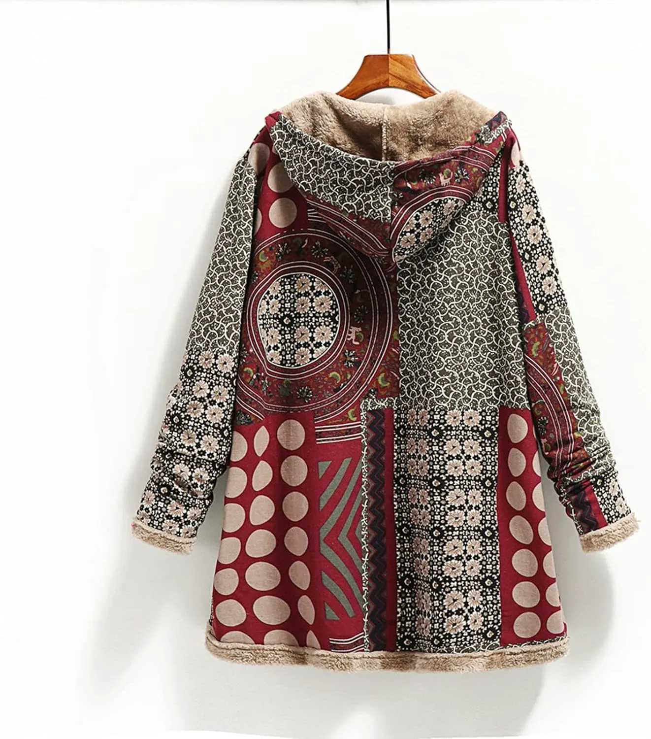 Women's Fleece Lined Hooded Jackets Fall Winter Coats Printing Vintage Parka Jacket Casual Thick Cotton Padded