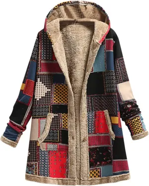 Women's Fleece Lined Hooded Jackets Fall Winter Coats Printing Vintage Parka Jacket Casual Thick Cotton Padded