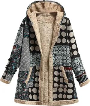Women's Fleece Lined Hooded Jackets Fall Winter Coats Printing Vintage Parka Jacket Casual Thick Cotton Padded