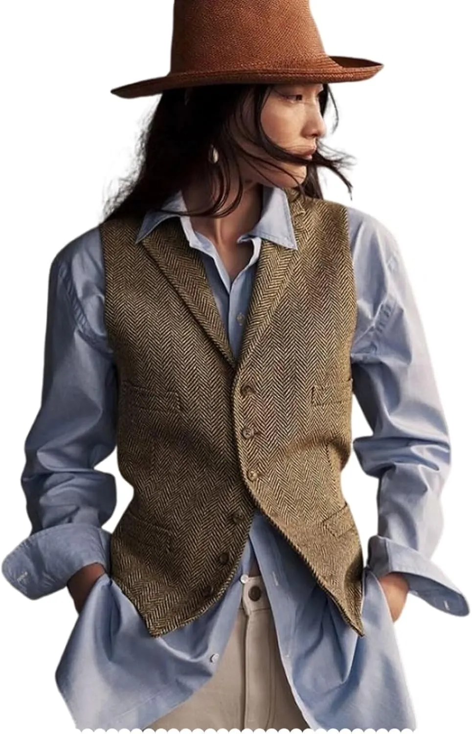 Womens Herringbone Tweed Waistcoat Lapel Sleeveless Blazers V Neck Work Office Suit Vests