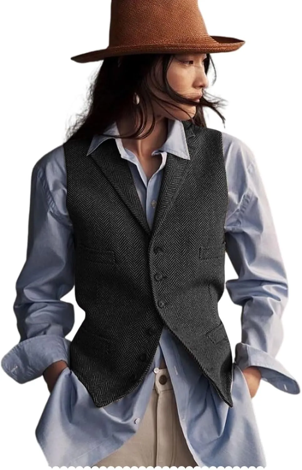 Womens Herringbone Tweed Waistcoat Lapel Sleeveless Blazers V Neck Work Office Suit Vests