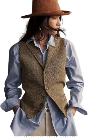 Womens Herringbone Tweed Waistcoat Lapel Sleeveless Blazers V Neck Work Office Suit Vests