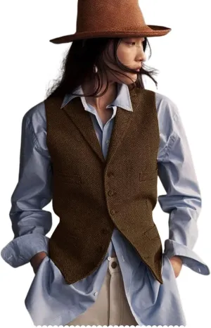 Womens Herringbone Tweed Waistcoat Lapel Sleeveless Blazers V Neck Work Office Suit Vests