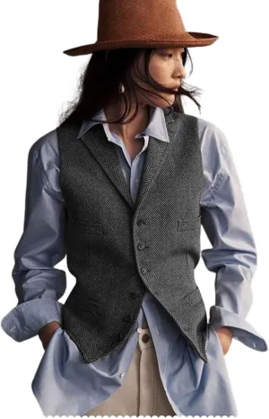 Womens Herringbone Tweed Waistcoat Lapel Sleeveless Blazers V Neck Work Office Suit Vests