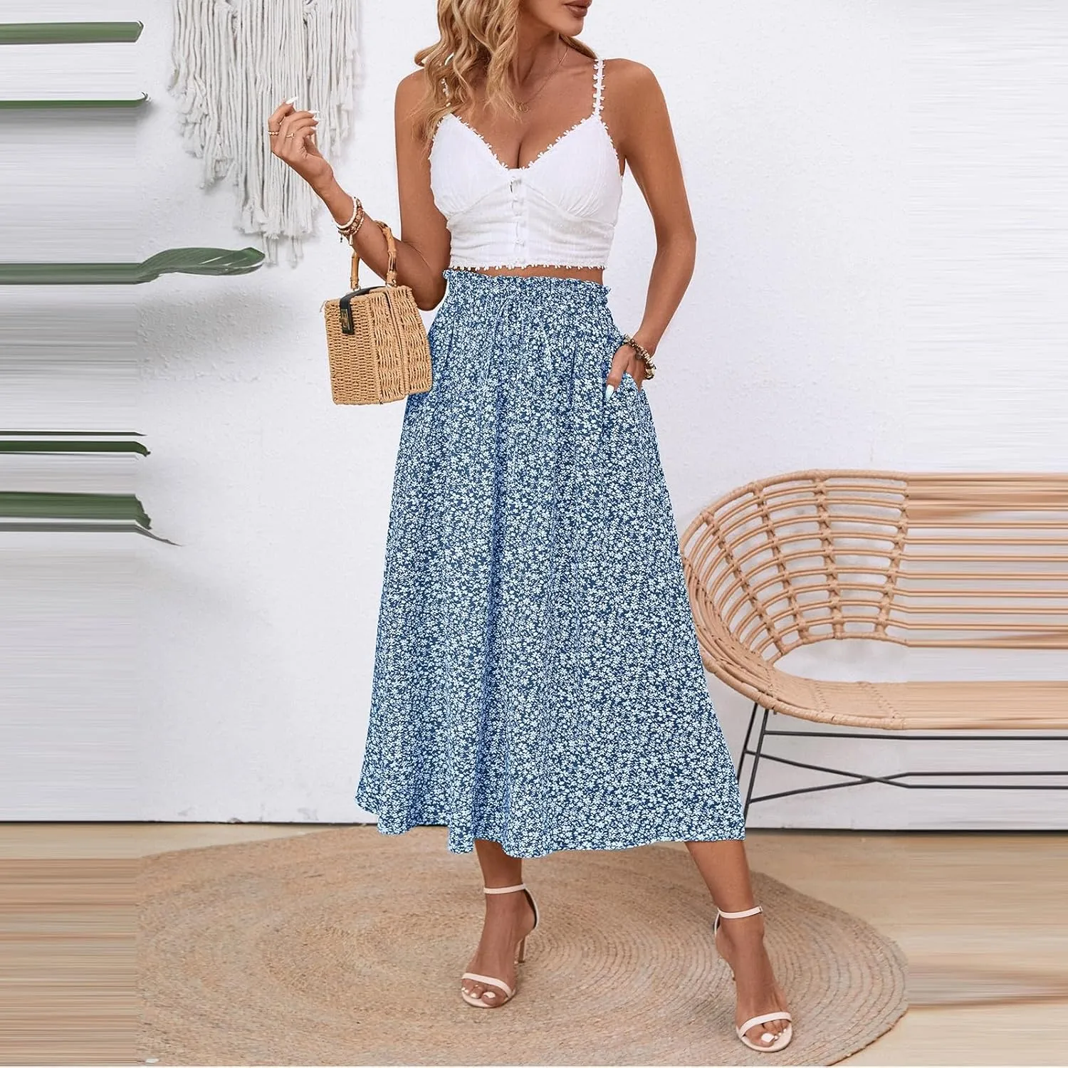 Women's High Elastic Waist Midi Skirt Casual Summer Trendy Tie Front Flowy Ruffle Floral Print A line Skirts