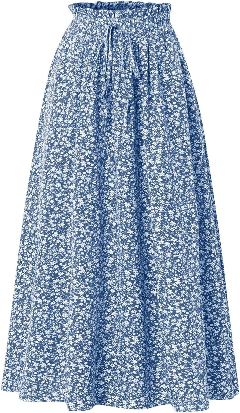 Women's High Elastic Waist Midi Skirt Casual Summer Trendy Tie Front Flowy Ruffle Floral Print A line Skirts
