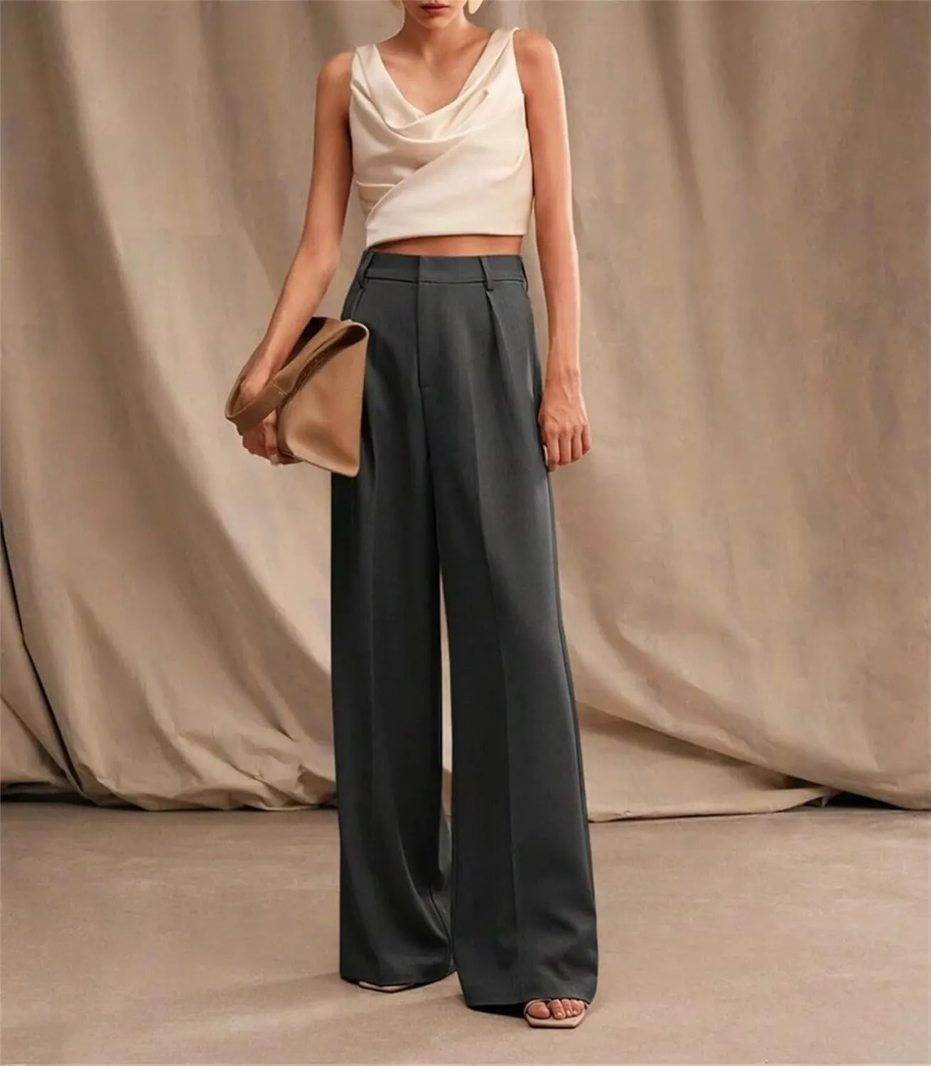 Women's High Waist Casual Wide Leg Palazzo Pants Business Work Trousers Long Straight Suit Pants Flowy Trousers with Pockets