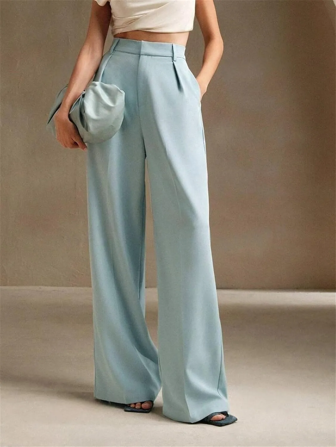 Women's High Waist Casual Wide Leg Palazzo Pants Business Work Trousers Long Straight Suit Pants Flowy Trousers with Pockets
