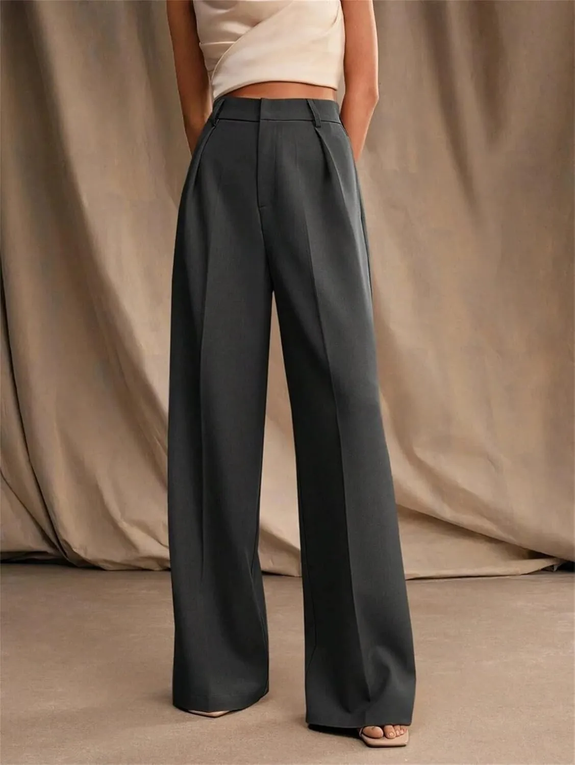 Women's High Waist Casual Wide Leg Palazzo Pants Business Work Trousers Long Straight Suit Pants Flowy Trousers with Pockets