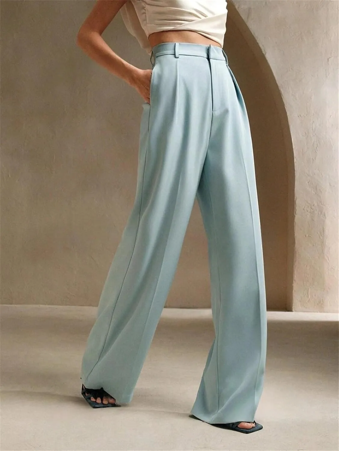 Women's High Waist Casual Wide Leg Palazzo Pants Business Work Trousers Long Straight Suit Pants Flowy Trousers with Pockets