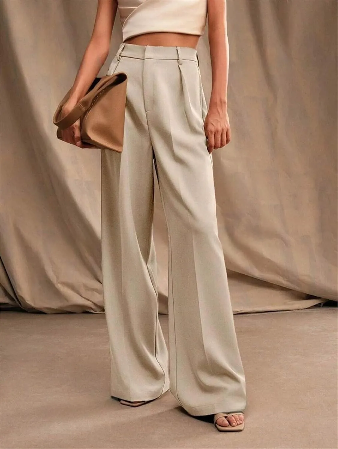 Women's High Waist Casual Wide Leg Palazzo Pants Business Work Trousers Long Straight Suit Pants Flowy Trousers with Pockets
