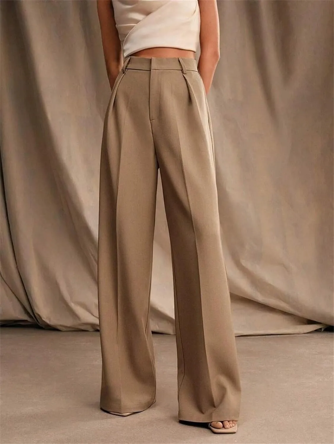 Women's High Waist Casual Wide Leg Palazzo Pants Business Work Trousers Long Straight Suit Pants Flowy Trousers with Pockets