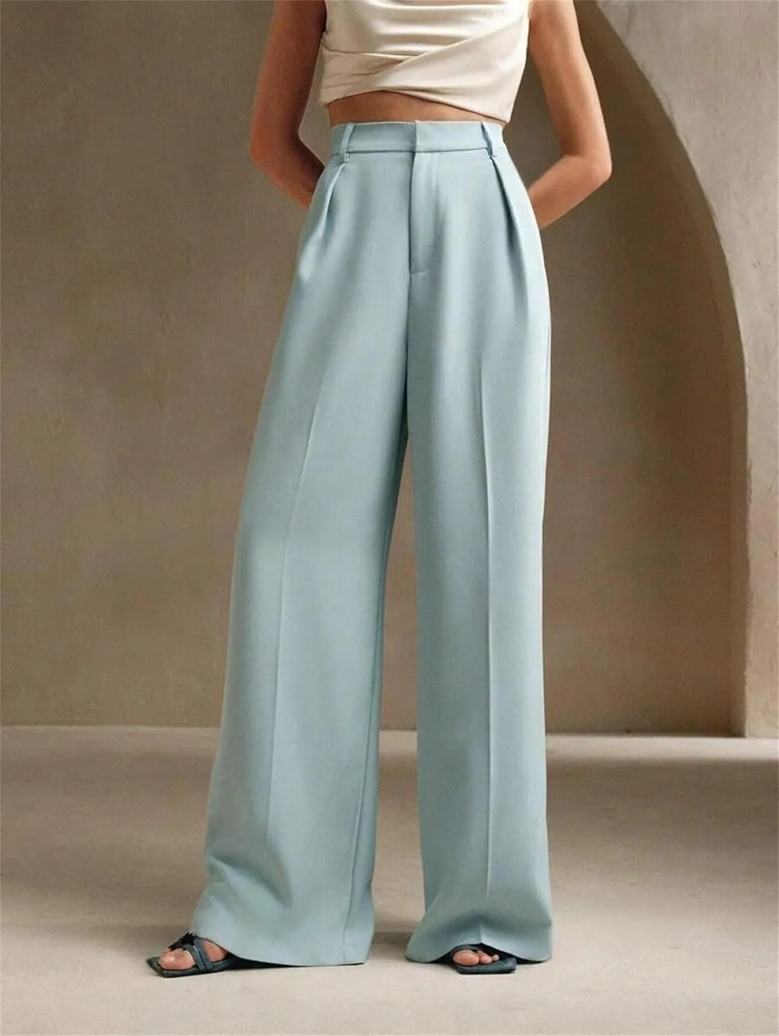 Women's High Waist Casual Wide Leg Palazzo Pants Business Work Trousers Long Straight Suit Pants Flowy Trousers with Pockets