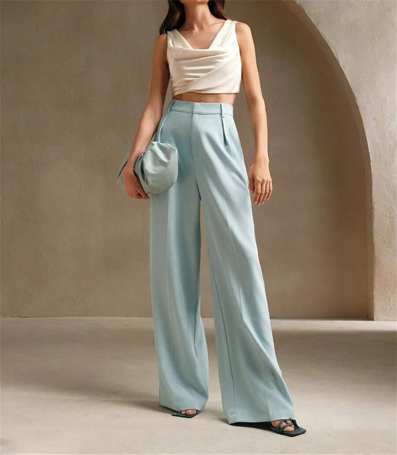 Women's High Waist Casual Wide Leg Palazzo Pants Business Work Trousers Long Straight Suit Pants Flowy Trousers with Pockets