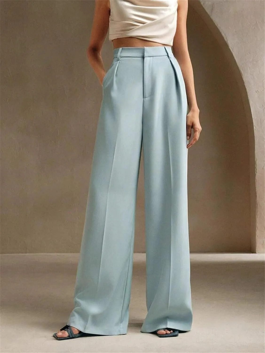 Women's High Waist Casual Wide Leg Palazzo Pants Business Work Trousers Long Straight Suit Pants Flowy Trousers with Pockets