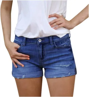 Women's High Waisted Stretchy Denim Shorts Cuffed Jean Summer Stretchy Ripped Jean Shorts for Women with Pockets