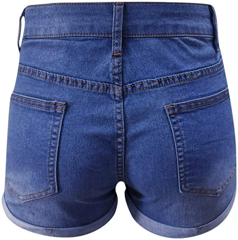 Women's High Waisted Stretchy Denim Shorts Cuffed Jean Summer Stretchy Ripped Jean Shorts for Women with Pockets