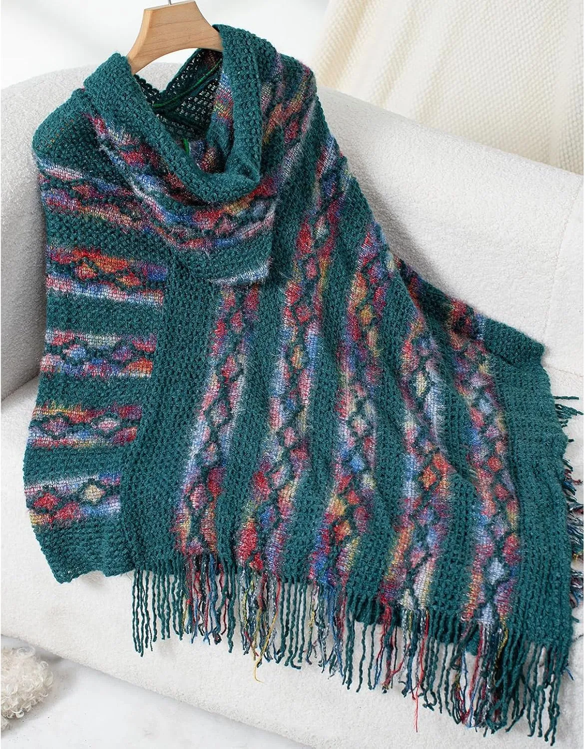 Women's Hooded Poncho Long Fringe Capes Boho Knit Shawl Wraps Mexican Hoodie Soft Asymmetrical Warm Pullover