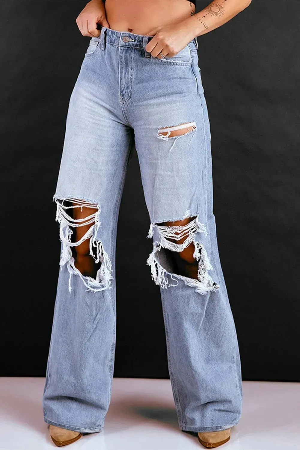 Women's Jeans High Waist Ripped Jeans for Women Fashion Loose Denim Wide Leg Pants Street Casual Trousers