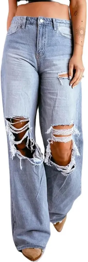 Women's Jeans High Waist Ripped Jeans for Women Fashion Loose Denim Wide Leg Pants Street Casual Trousers