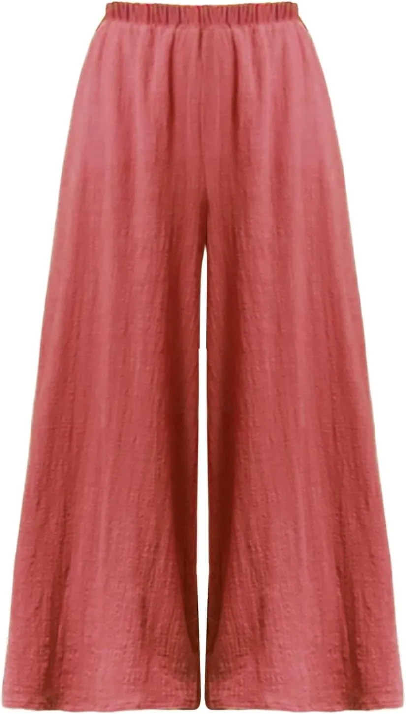 Womens Linen Summer Casual Pants Elastic Waisted Stretchy Slim-Fit Trouser Travel