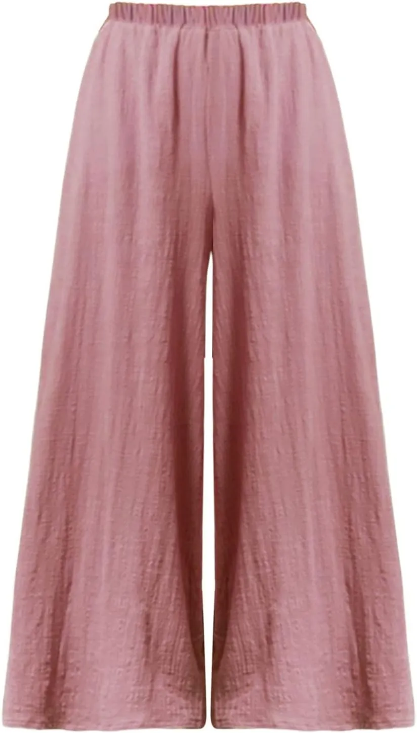 Womens Linen Summer Casual Pants Elastic Waisted Stretchy Slim-Fit Trouser Travel