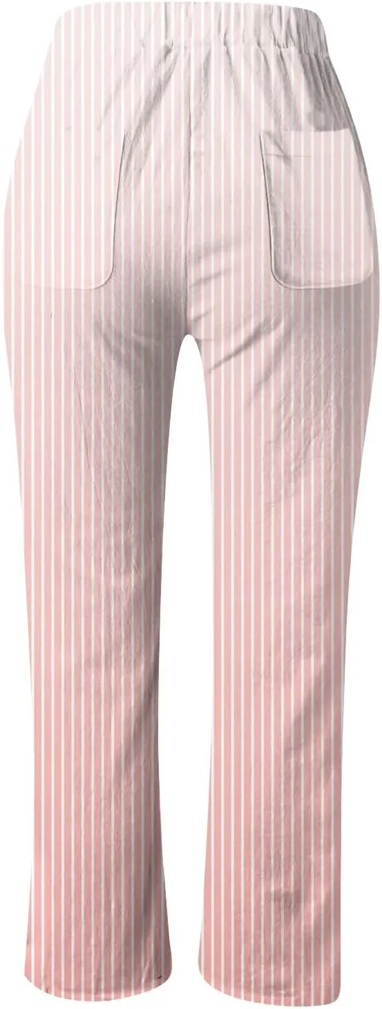 Womens Linen Summer Casual Pants Elastic Waisted Stretchy Slim-Fit Trouser Travel