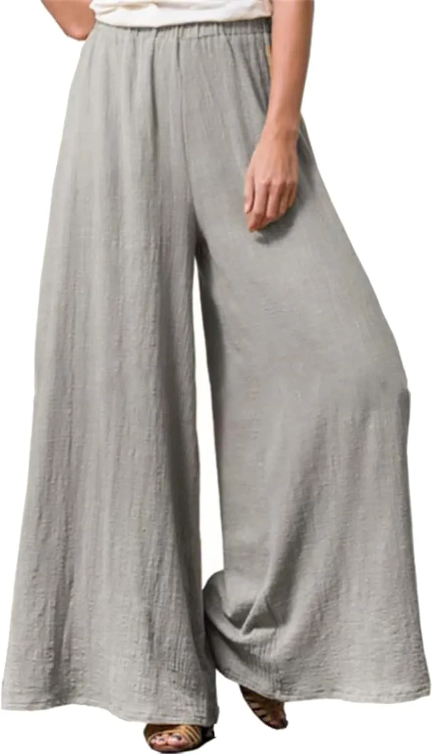 Womens Linen Summer Casual Pants Elastic Waisted Stretchy Slim-Fit Trouser Travel