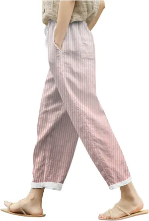Womens Linen Summer Casual Pants Elastic Waisted Stretchy Slim-Fit Trouser Travel